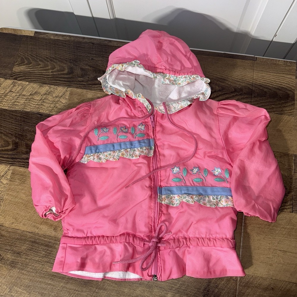 Vintage Samara 18 Month Baby Girl Windbreaker Pink Embroidered Jacket Ruffles